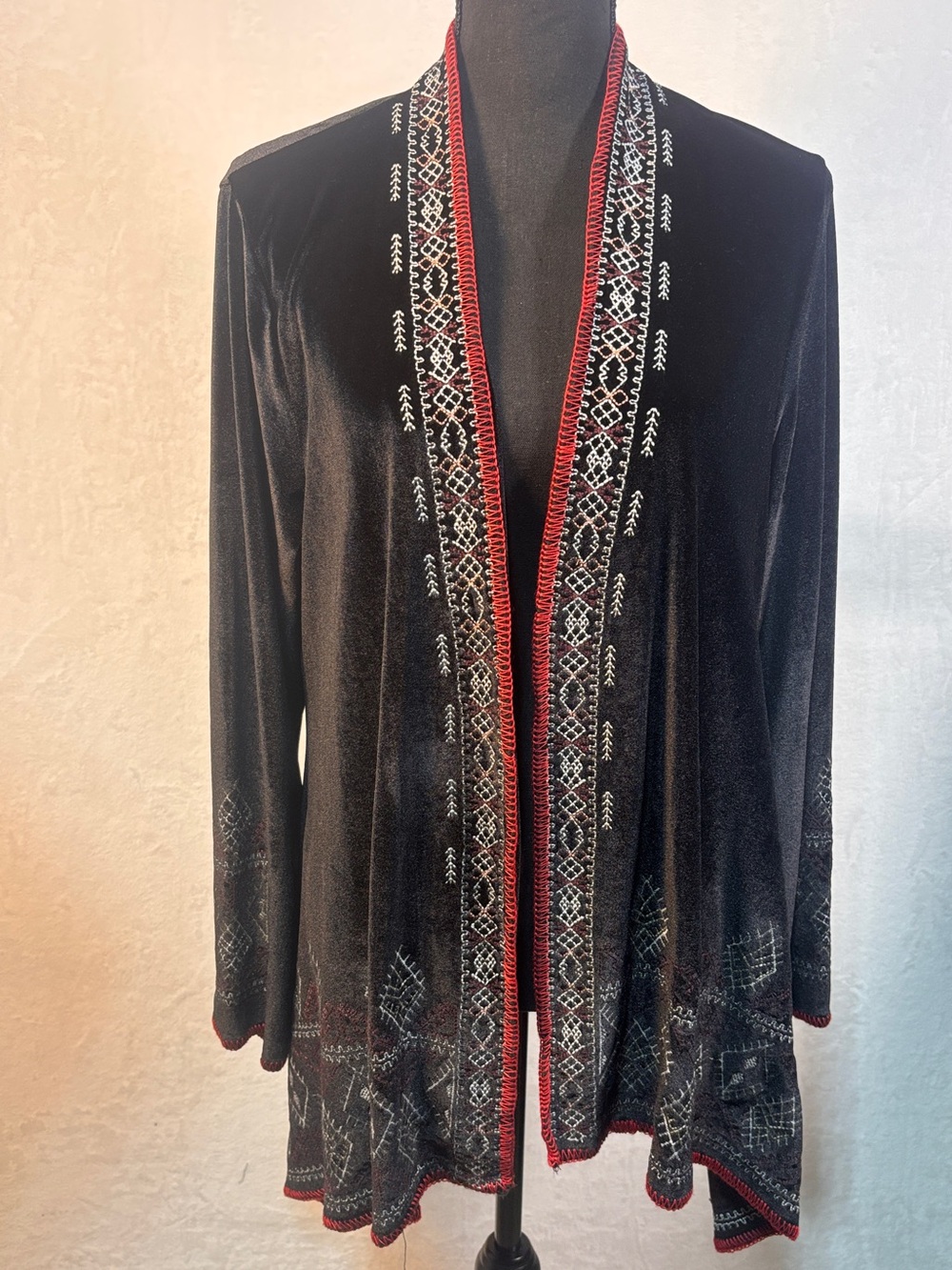 Adore Women's Black Red Velvet Open Front Cardigan Embroidered Duster Boho XL